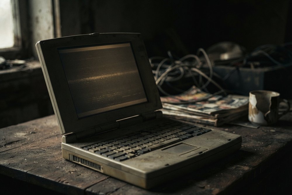 An old, abandoned laptop gathering dust
